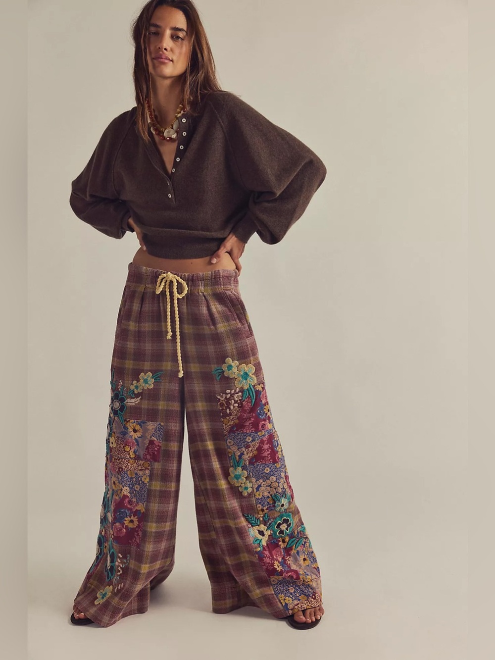 NWT! FP Free People Brooks Embroidered Wide Leg Patchwork Pants Sz Small